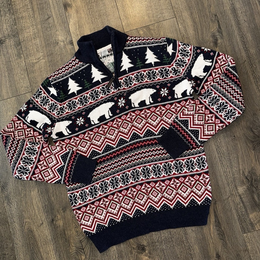 Aspen Men's 1/4 Zip Novelty Sweater Sz L Fair Isle‎ Polar Bear Winter Grandpa